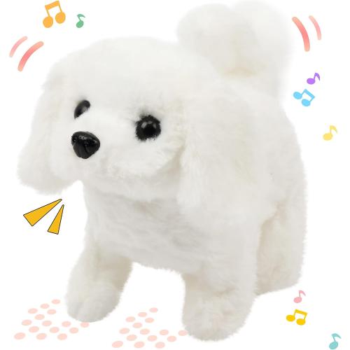 Hopearl Walking Dog Bichon Interactive Electronic Pet Plush Toy Puppy Woof and Moving Animated Nodding Head Gifts for Toddlers Birthday, White, 7''