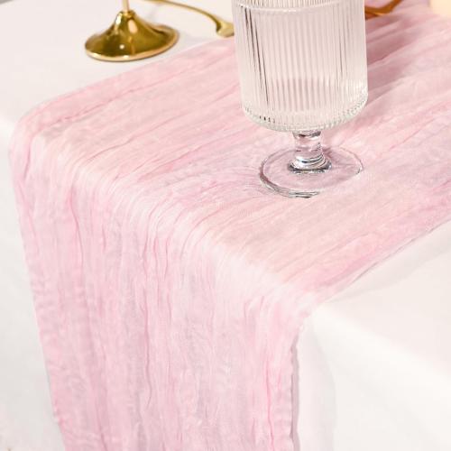 7 Pack Light Pink Cheesecloth Table Runners 35x120 Inch, Wide Pleated Boho Gauze Runner for Wedding Baby Shower Birthday Party, Semi-Sheer Rustic Table Decor