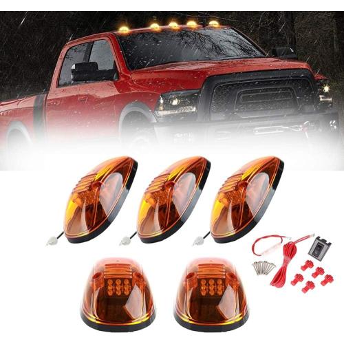Banpo 5 X Cab Marker Light, Amber Lens Amber LED Housing Cab Roof Running Lights, Accessories Light Sets w/Wiring Pack Compatible with 1999-2002 Dodge Ram 2500 3500 Pickup Trucks