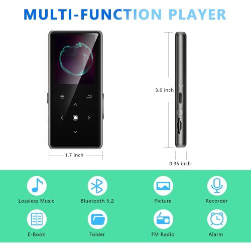 64GB MP3 Player with Bluetooth 5.2, AiMoonsa Music Player with Built-in HD Speaker, FM Radio, Voice Recorder, HiFi Sound, E-Book, Earphones Included