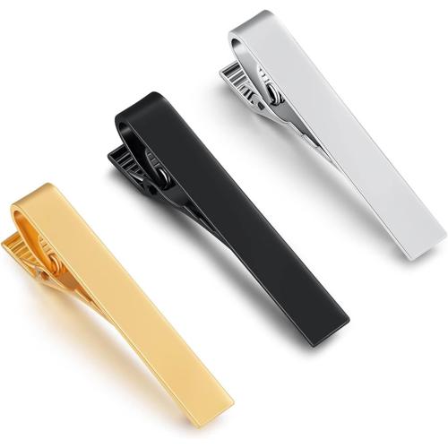 1/2/3Pcs Tie Clips for Men Black Tie Bar Clip Set for Regular Ties Necktie for Wedding Anniversary Business Best Gift Skiny Necktie Meeting Gold Black Long(2.28*0.24) Short (1.69*0.24)