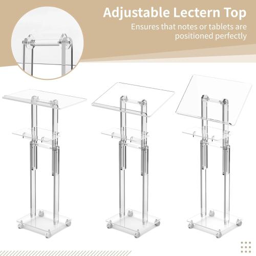 Acrylic Podium Stand Portable, Rolling Podium with Wheels, Clear Podium with Storage Shelf, Lockable Wheels, Adjustable Height pulpits for Churches, Classroom, Weddings, Speech