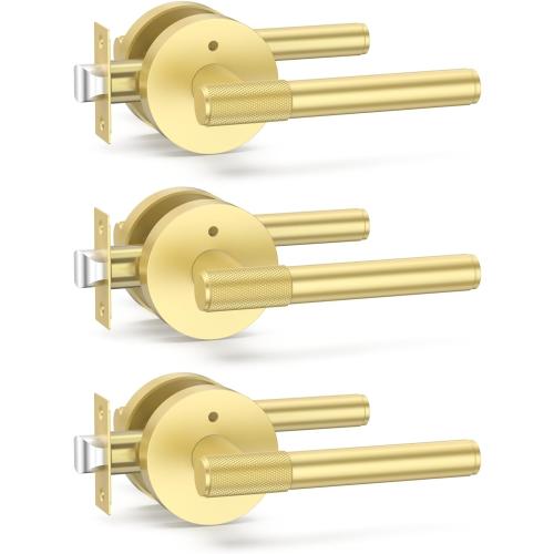 Amerdeco 3 Pack Brushed Gold Door Handles Interior, Knurled Privacy Door Handles with Lock,Gold Door Lever for Bedroom or Bathroom,Reversible Keyless for Left Right Handed Doors AM0027