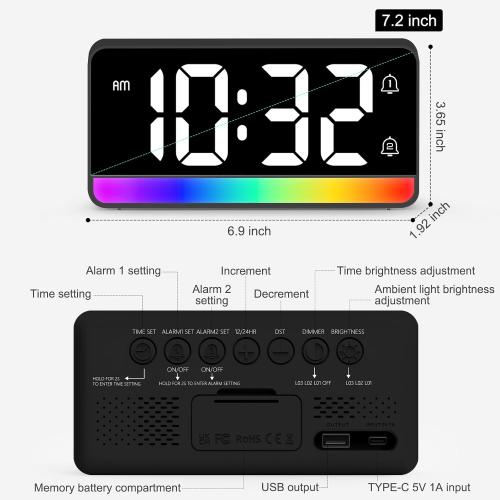 ALANAS 7 Large Digital Alarm Clock with RGB Color Changing Night Light，Dual Alarms, USB Charging, Snooze, Adjustable Brightness, Loud for Heavy Sleepers for Bedroom, Desk, Kids, Teens, Adults