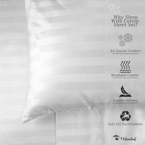 URBANHUT 1000 Thread Count 100% Cotton Damask Full Size Sheets, Long Staple Striped Bedsheet, Luxury Hotel Sateen Weave - Soft & Breathable, Better Than Egyptian, 16 Deep Pocket - White