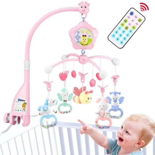 Baby Mobile for Crib with Musicial and Lights, Remote and Projection. Pack and Play Toys for Ages 0  Months (Pink-Bee)
