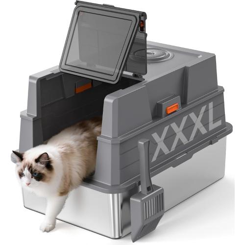 XXXL Stainless Steel Litter Box with Lid,28 L x 20.5 W x 16.5 H Extra Large Cat Litter Box Enclosure for Large and Multi-Cats Families,Non-Sticky, Anti-Leakage, Easy to Clean(Gray)
