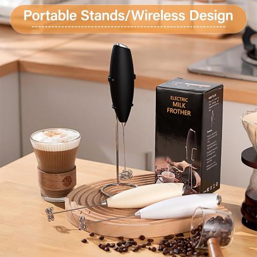 Cordless Electric Milk Frother - Handheld Battery-Powered Foam Maker for Coffee, Latte, Hot Chocolate | 15s Quick Frothing, Detachable & Quiet, with Stainless Steel Stand (Black)