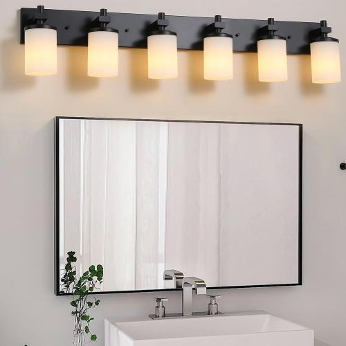 LOUSACE Bathroom Lighting Fixture Over Mirror, 6 Light Bathroom Vanity Lights Matte Black with Opal White Glass Shades, E26 Bulb Base, Wall Sconces Vanity Lighting Fixtures for Bathroom Living Room