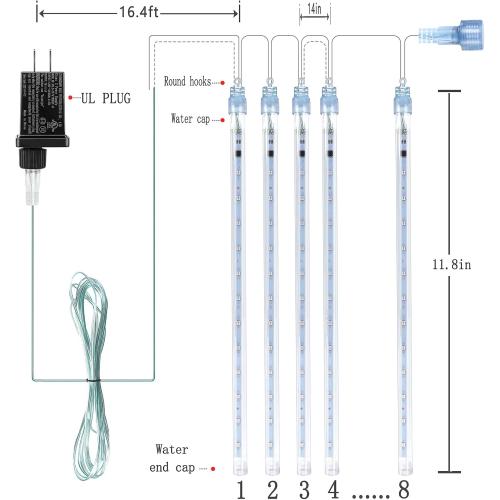 Kwaiffeo Christmas Lights Outdoor, 8 Tubes Meteor Shower Lights LED Snow Falling Icicle Cascading Light for Xmas Tree Wedding Decoration Party, UL Plug, White
