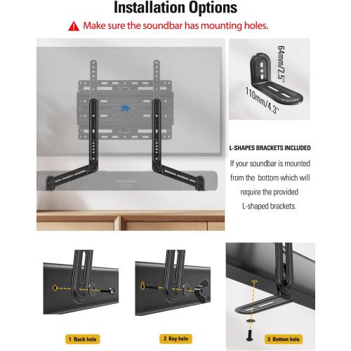 Mounting Dream Soundbar Mount Bracket for Mounting Above or Under TV Fits Most of Sound Bars Up to 15 Lbs, with Detachable Long Extension Plates MD5420