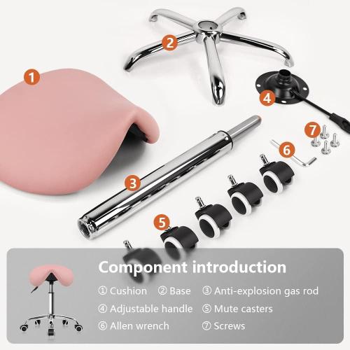 PINK KKTONER Rolling Saddle Stool PU Leather Swivel Adjustable Rolling Stool with Wheels Salon Chair