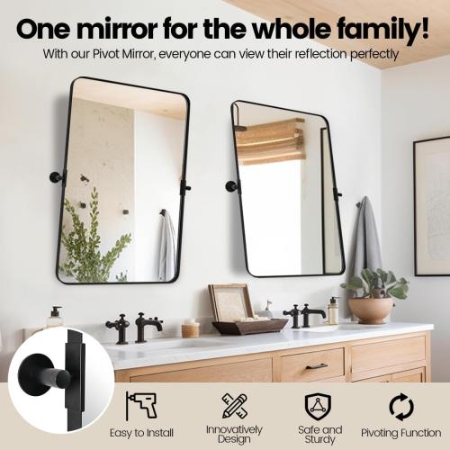 MOON MIRROR 24x36 Matte Black Pivot Mirror for Bathroom, Metal Frame Bathroom Mirrors for Wall,Rectangle Titling Vanity Wall Mirror with Rounded Corner Hangs Vertical(Overall 27.75 x 36)