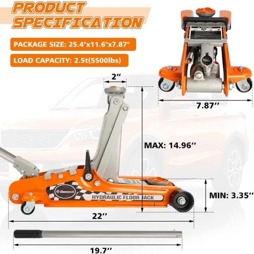 2.5 Ton Steel Floor Jack, Low Profile Hydraulic Racing Floor Jack, Heavy-Duty Racing Floor Jack with Single Piston Lift Pump, Lifting Range 3-3/8 - 14-15/16