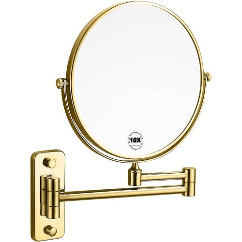 Gold 1x10x Double Sided Magnifying Bathroom Makeup Mirror 360 Degree Swivel Mirror Adjustable Telescopic Arm Wall Mount 8 Inch Non-Illuminated Beauty Mirror Shaving Mirror（Square Base）