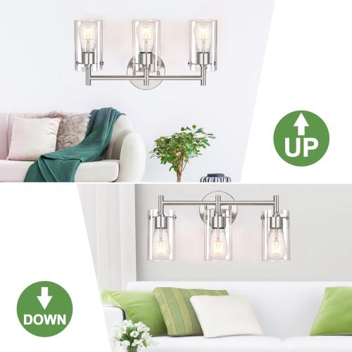 2023 Upgrade 3-Light Brushed Nickel Bathroom Vanity Light Fixtures, Clear Glass Shade Wall Sconces for Mirror, Bedroom, Living Room, Hallway