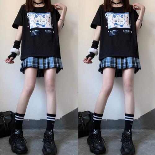 Size 3XL Color Black Japanese Harajuku Pastel Goth Cute Aesthetic Casual Cotton Crewneck Kawaii Cartoon Bunny T-Shirt