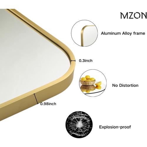 MZON 24x36 Inch Gold Bathroom Mirror – Brushed Gold Rectangular Vanity Mirror, Wall-Mounted, Anti-Rust Metal Frame, Tempered Glass, Vertical & Horizontal Hanging