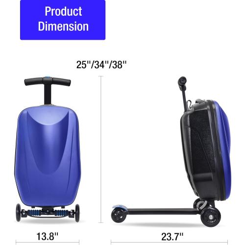 20 Kids Scooter Suitcase Ride-On Carry-On - 2-in-1 Lightweight Hardshell Luggage for Airplane Travel, Foldable Rolling Suitcase for Boys & Girls Ages 4-12