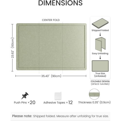 Fluxynara Bulletin Board,35.4 x 23.6 Cork Board Alternative with 12 Safe Removable Adhesive Tabs, Foldable Felt Pin Board for Home Office, Classroom, Bedroom,Entryway for Walls— Sage