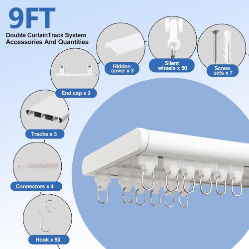 Double Row Ceiling Curtain Track, Silent Heavy Aluminum Duty Curtain Track System, Sliding Curtain Rails for Curtains, Room Divider Track for Bedroom Living Room Ofiice Hotel, White, 9FT