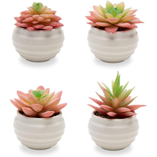 VIVERIE 4Pcs Pink Green Artificial Succulents in Pots (Plastic)- Small Artificial Plants, Office Decor, Office Home Halloween/Christmas Decor Gifts-Faux Plant Gifts for Women