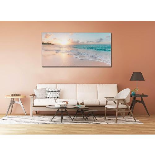 OKEXCKK Beach Canvas Wall Art - Sunset Ocean Picture Green Nature Seascape Painting Print for Kitchen, Bedroom, Living Room Decoration, Large Coastal Artwork Poster for Wall Decor 20x40