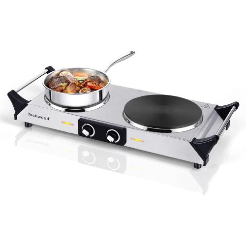 Hot Plate, Techwood 1800W Portable Electric Stove for Cooking Countertop Dual Burners with Adjustable Temperature & Handles, 7.5” Cooktop for Home/RV/Camp, Compatible for All Cookwares, Silver