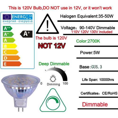 mr16 led Bulb dimmable 120v 110V 5w 2700K Warm White Soft White Spot Light Equivalent to 50w Halogen Bulb for Tracking Light MR16 Fixture