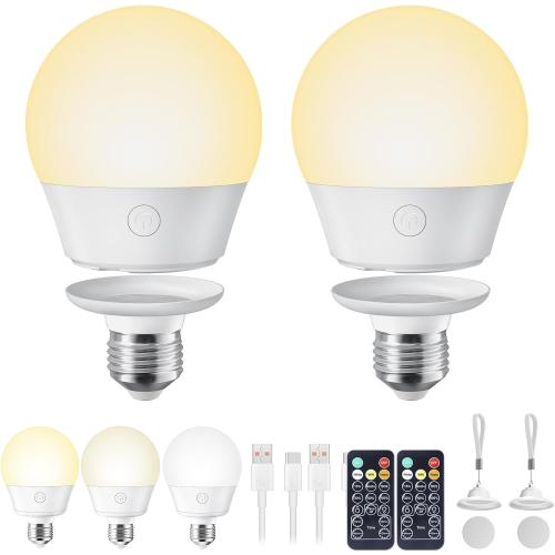 Brightown E26 Rechargeable Light Bulb with Remote Timer and 3 Color Temperatures, Battery Backup Bulb for Sconces and Lamps, E26 Detachable Charging for Non-Hardwired Fixture, Dimmer, 700LM