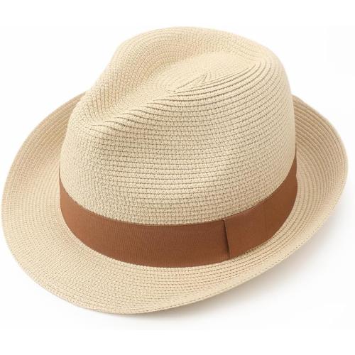 Summer Straw Fedora Hat for Women Men Travel Panama Hat with Wide Brim Roll Up Sun Hat for Beach Outdoor UPF 50