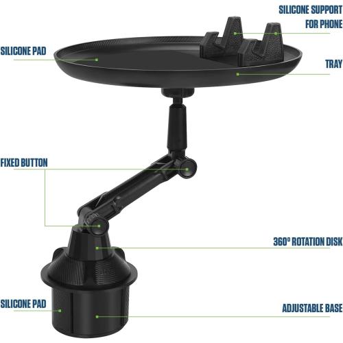 Cellet Cup Holder Tray for Car with Phone Mount – Expandable Base, 360° Rotation Food & Drink Tray with Non-Slip Surface, Adjustable Arm for Eating in Vehicle – Fits Most Standard Car Cup Holders
