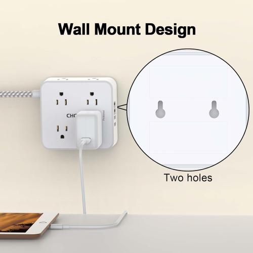 Surge Protector Power Strip - CHCORE 10 Ft Braided Extension Cord with 8 Outlets with 4 USB (2 USB C) Charging Ports, Flat Plug Multi Plug Outlet Extender Charging Station for Home Office, ETL, White