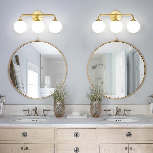 Modern Brushed Gold 3-Lights Vanity Light Fixtures with Milky White Glass Ball Shades, Mid Century Brass Wall Sconce Lighting Fixtures over Mirror, Wall Sconces for Bathroom Dressing Table Bedroom