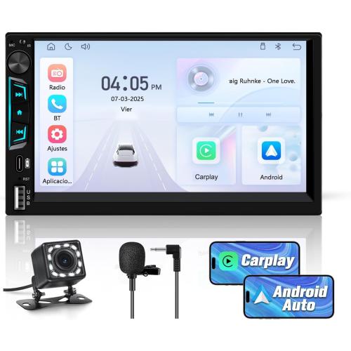 Pyniro Universal Double Din Car Stereo with Wireless CarPlay & Android Auto, 7 HD Touch Screen Head Unit with Backup Camera/External Microphone, Car Radio Supports Bluetooth/SWC/FM/USB/RGB