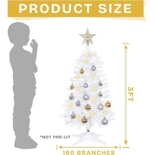 Sunshine White Christmas Tree with Light 3ft Artifical Full Christmas Tree with Ball & Star Ornaments 8 Lighting Modes for Holiday Decor