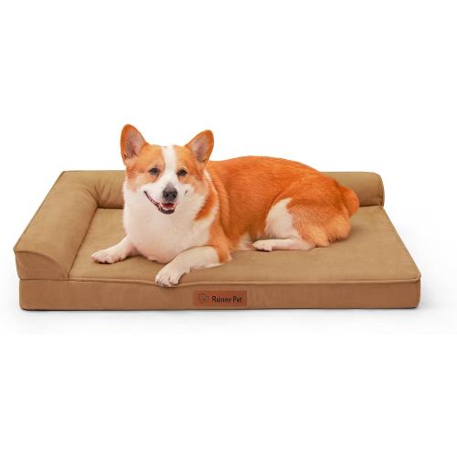 Orthopedic Dog Beds Large Sized Dog, Memory Foam Pet Bed for Medium and Large Dogs, Removable and Washable Microsuede Cover, TPU Waterproof Liner, Nonskid Bottom, Khaki