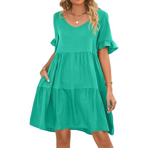 Size XXL AHAIJ Womens 2023 Summer Casual V Neck Babydoll Dress Short Sleeve Tiered Ruffle Pockets Plain Flowy Swing Mini Dress