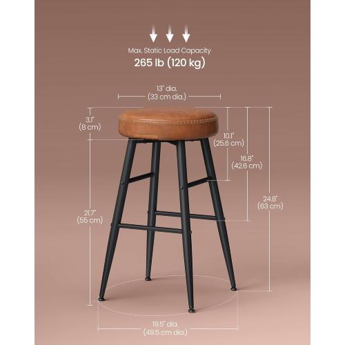 VASAGLE EKHO Collection - Bar Stools Set of 2, Counter Height Bar Stools, Kitchen Counter Stools, Mid-Century Modern Backless Counter Stools, 24.8-Inch Tall, Kitchen Island Home Bar, Caramel Brown