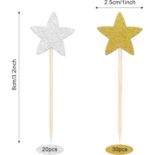 Pistha 50 Pcs Star Cupcake Toppers Glitter Twinkle Star Cupcake Picks for Wedding Baby Shower Birthday Party(Gold,Silver)