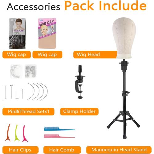 Wig Stand with Head, Adjustable Wig Head Stand, Canvas Wig Head Stand with Mannequin Head with Clamp Stand, Manikin Head Set for Wigs Cosmetology