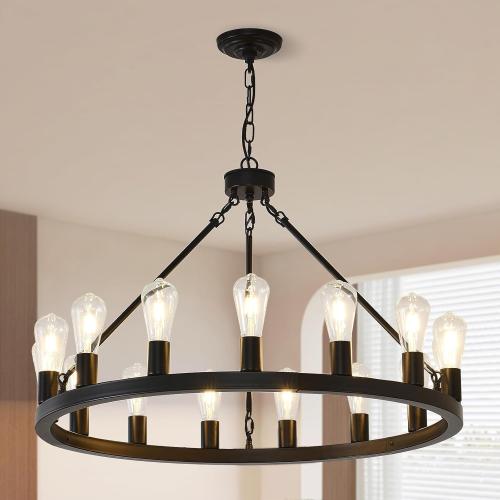 NILSE 15-Light Black Wagon Wheel Chandelier, 32 Round Chandelier for Porch, Iron Industrial Chandeliers Light Fixture for Living Room Kitchen Island Foyer Entryway, E26