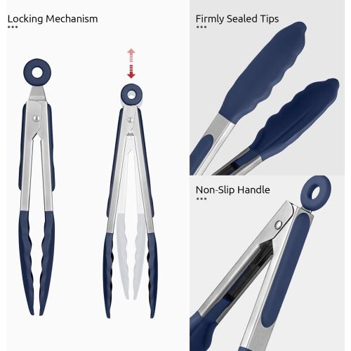 600ºF Heat Proof Kitchen Tong: U-Taste 7 Silicone Cooking Tong with Firm Sealed Non Stick Rubber Tips & Silicon Coated 18/8 Stainless Steel Handle & Smooth Locking for Serving Salad (Midnight Blue)