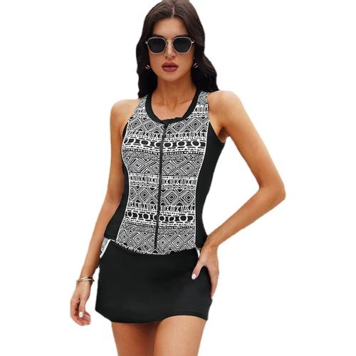 SoZe 2Xxl..Women Tankini Two Piece Swimsuit Zipper Closure Bodycon Swimwear Tank Top with Boyshorts