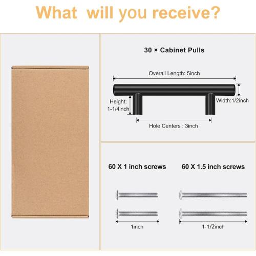 Set of 30 Pack 5 Inch Color Black  Cabinet Handles Matte Black Cabinet Pulls Stainless Steel Drawer Handles for Kitchen Cabinet Hardware 3 Inch Hole Centers