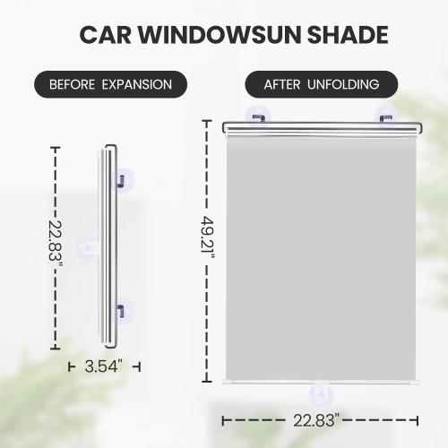 No Drilling Retractable Roller Window Shades W/3 Suction Cups, Black Blackout Blind Shade Temporary Cover Curtain for Home Bedroom Car (49.21 L×22.83 W, Silver Coating)
