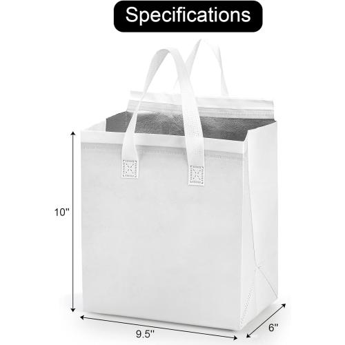 ZENFUN Set of 25 Insulated Take Away Bags, Small Insulated Cooler Bag Grocery Bags, White Thermal Bags for Hot&cold Frozen Food, Food Delivery, 9.5 x 6 x 10 Inches