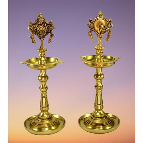 Brass Oil Lamps - Shankh Chakra Narayan Oil Lamp, Diya, Deepam, Brass Lamps Kuthu Vilakku 13 Inches