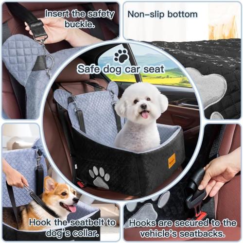 Dog Car Seats for Small/Medium Dogs up to 33lbs(Grey Black). | Car Seat for Dogs, Waterproof Washable, 2 Safety Belts, Non-Slip Base, Storage Pocket, Car Front/Rear Travel, Outdoor Dog Bed