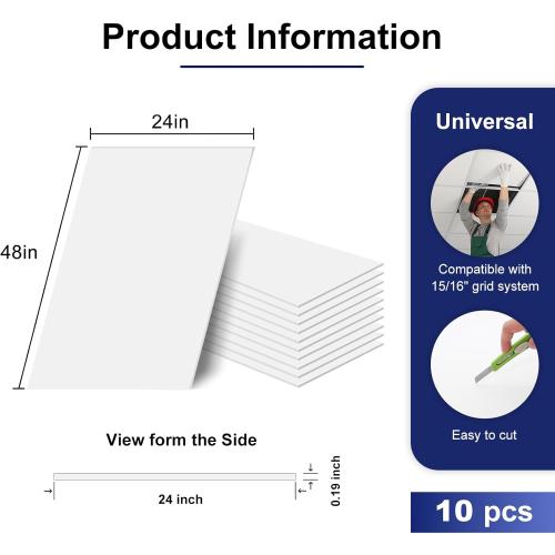 Premium PVC Smooth Drop Ceiling Tiles 2ft x 4ft - Waterproof, Fire-Rated, Washable, Drop in Installation - No Rot, No Sag, 10-Pack Cover 80 Sq. Ft, White
